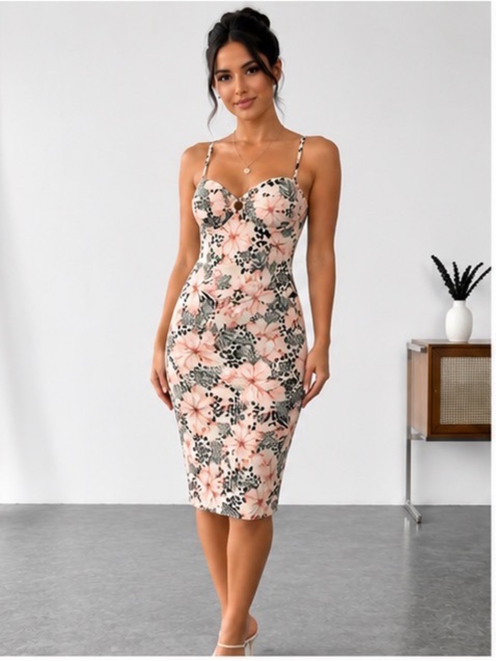 Floral Bodycon Midi Dress in Blush Pink